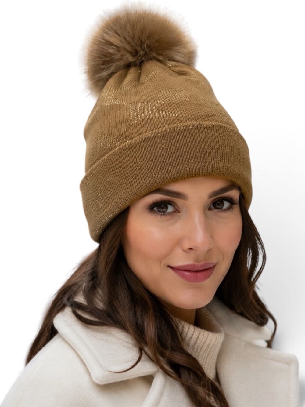 Michael Kors Metallic MK Logo Faux Fur Pom Beanie Camel Gold NWOT